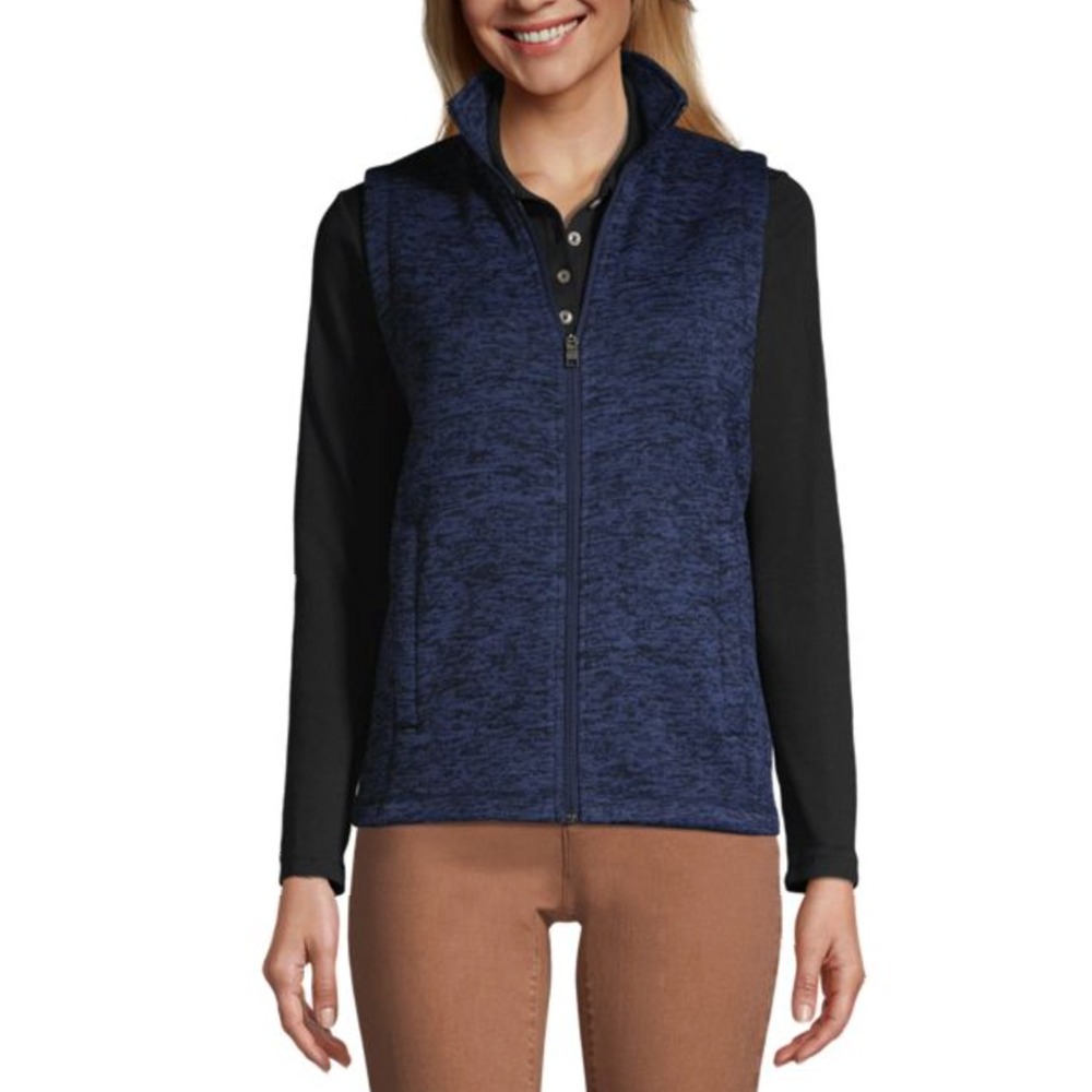 Lands End Sweater Fleece Vest Womens Medium 10-12 Navy Blue‎ Full Zip Up Pocket